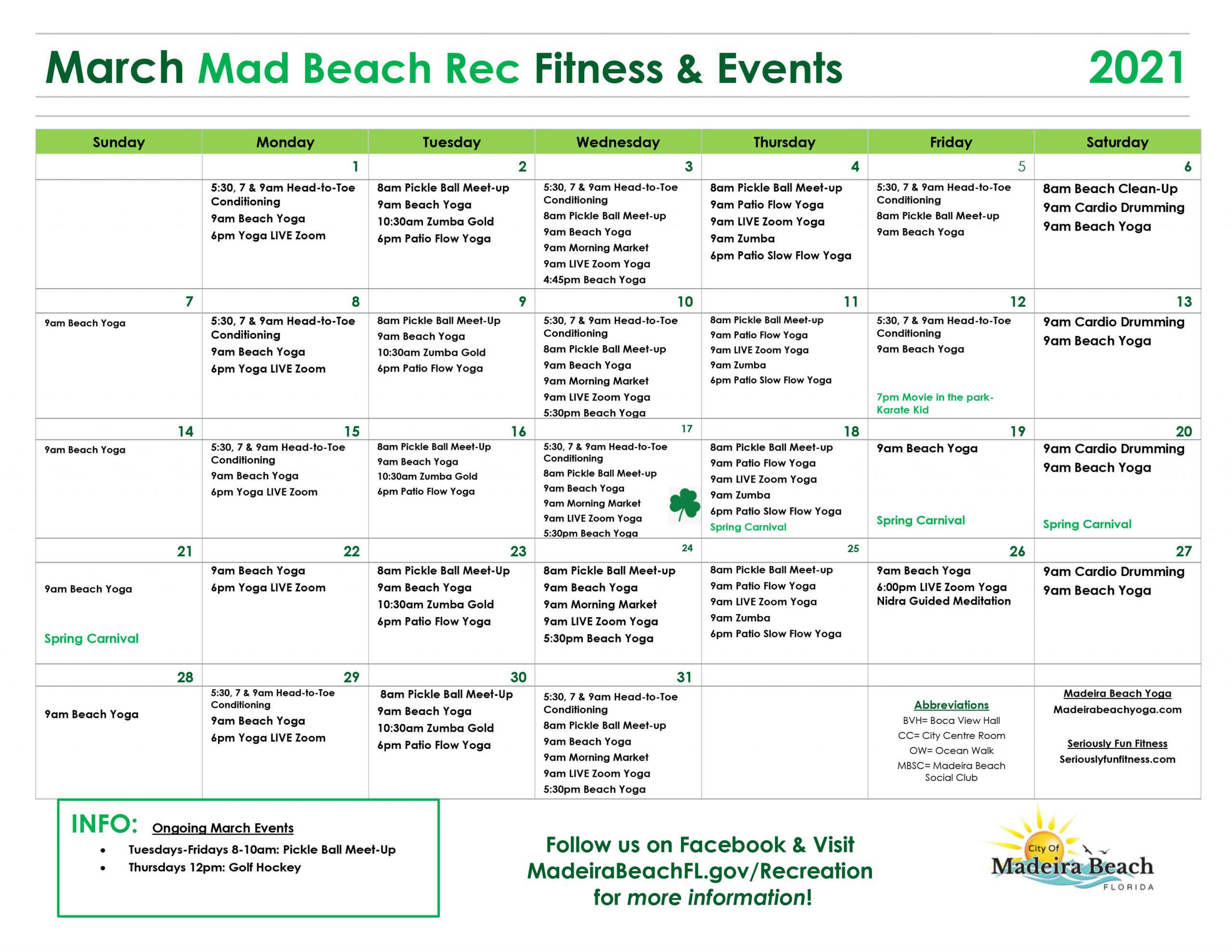 March Fitness Calendar Madeira Beach, FL
