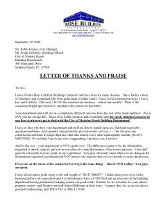 CITY OF MADEIRA BEACH LETTER OF THANKS AND PRAISE Page 1