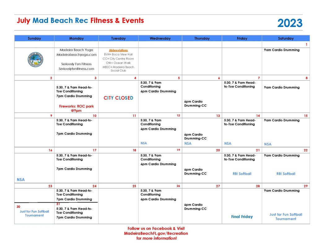 Madeira Beach Recreation July 2023 Fitness Calendar List of Classes