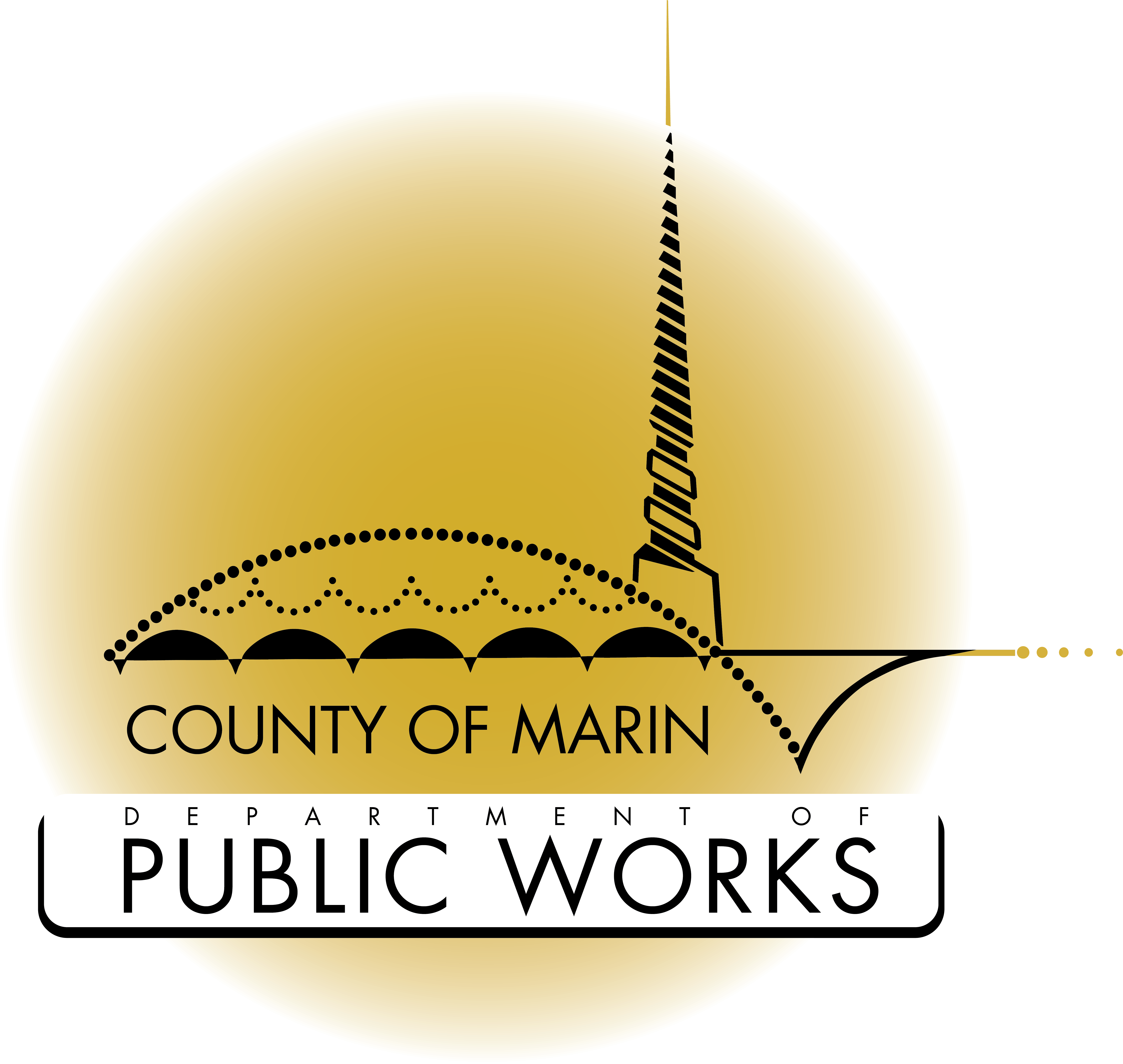 Marin County Public Works logo, a yellow circle with a black line design of a building.