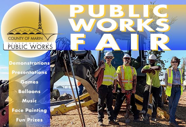 Photo of 4 construction workers standing in front of a construction vehicle. There's the Public Works logo at the top left and the words "Public Works Fair" next to the logo.