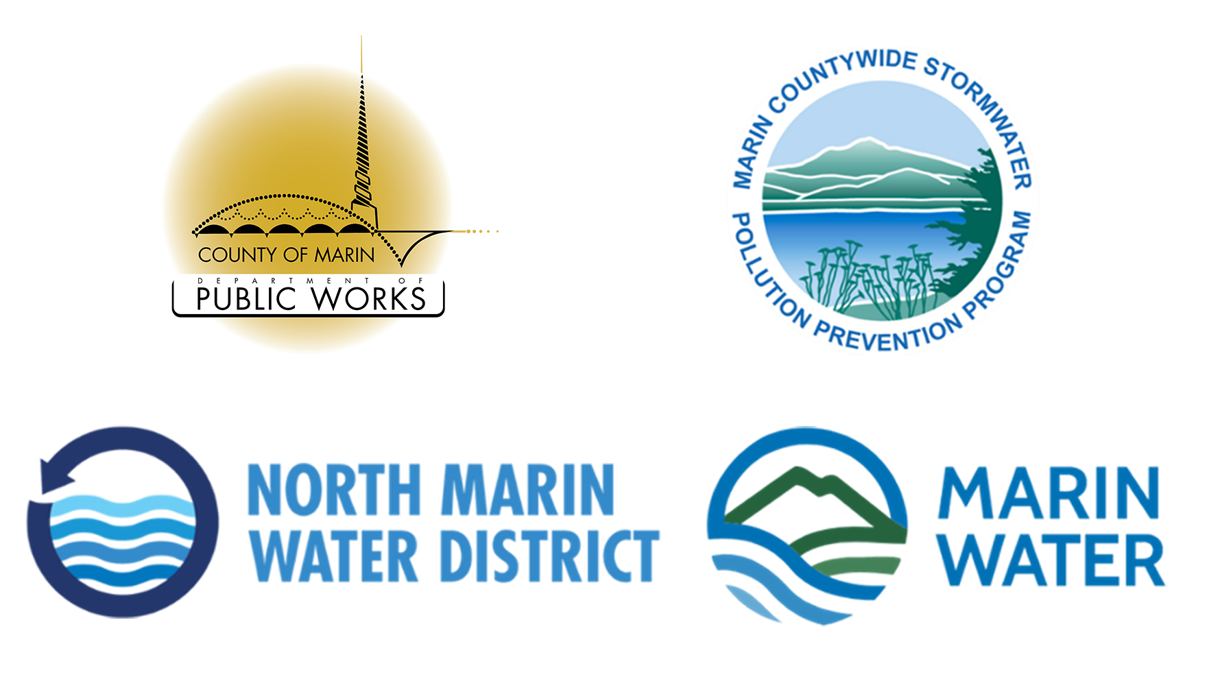Collection of 4 logos: Marin County Public Works, MCSTOPPP, North Marin Water District, and Marin Water, all on a white background.