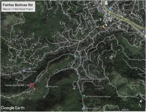 Google Earth map of West Marin, showing location of project site on Bolinas Road at milepost 1.0. 