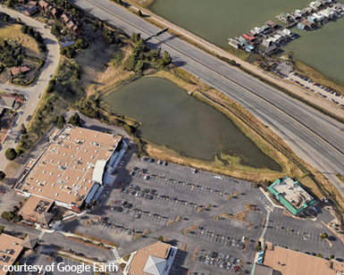 Aerial view of Marin City shopping center near the freeway