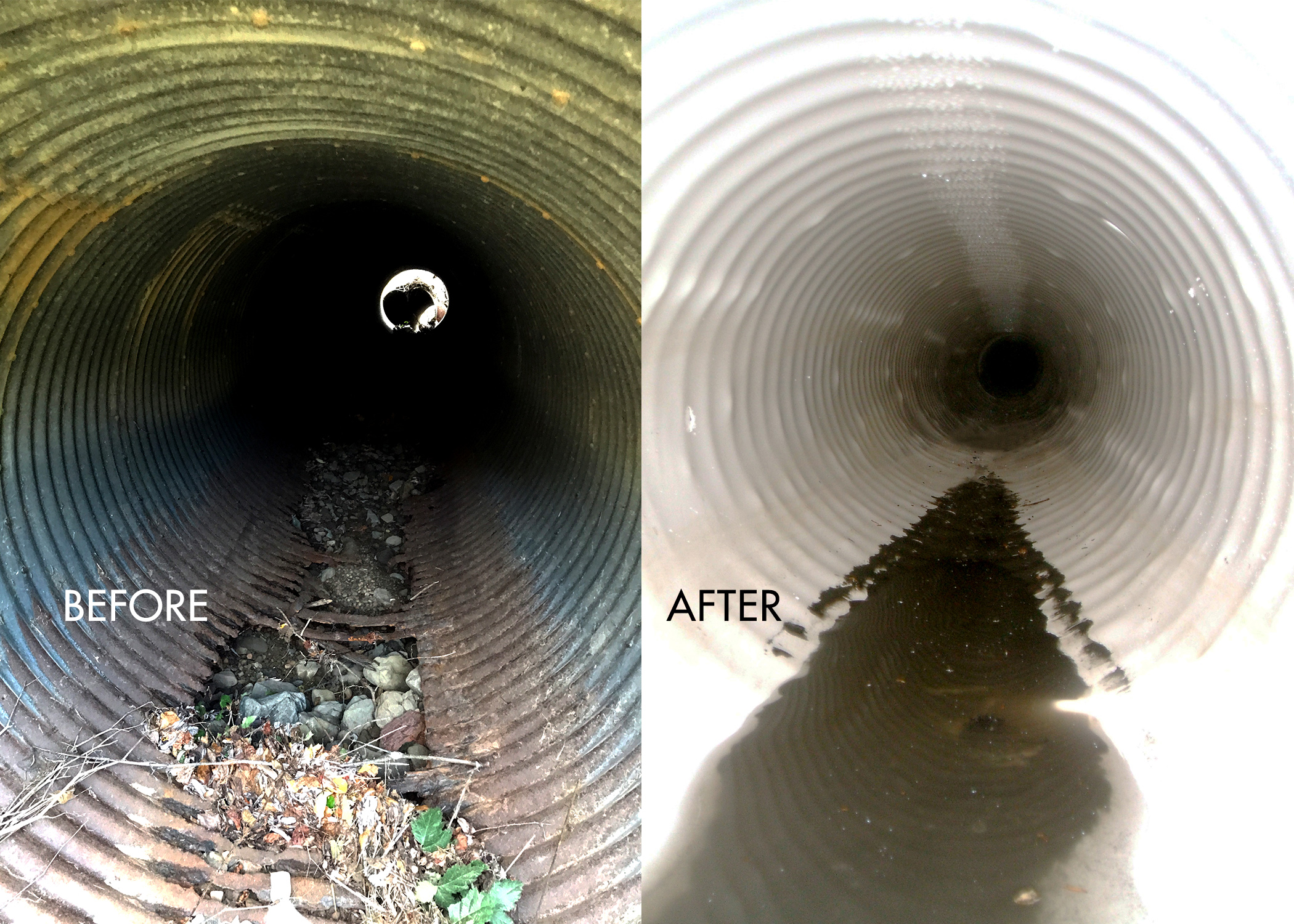 Before and after view of a pipe that got new slip-lining installed.