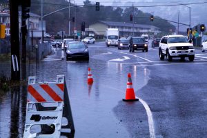 The entrance to the Manzanita Park & Ride Lot in southern Marin, shown here in December 2019, is one of the areas that typically floods during king tides, drastically affecting traffic flow.