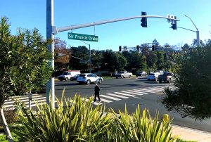 One of the eight intersections along the project corridor, all of which received safety lighting improvements, new intersection layouts and upgraded traffic signals.