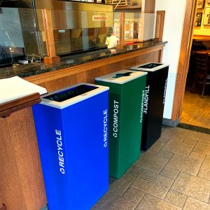 Example of the new 3-bin refuse setup at a local coffee shop.