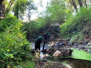 Crewmembers working to clear debris from a creek bed in Novato.