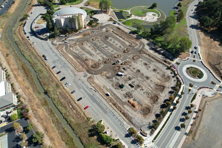 Aerial view after the demolition of concrete at the Veterans Memorial Auditorium parking lot.