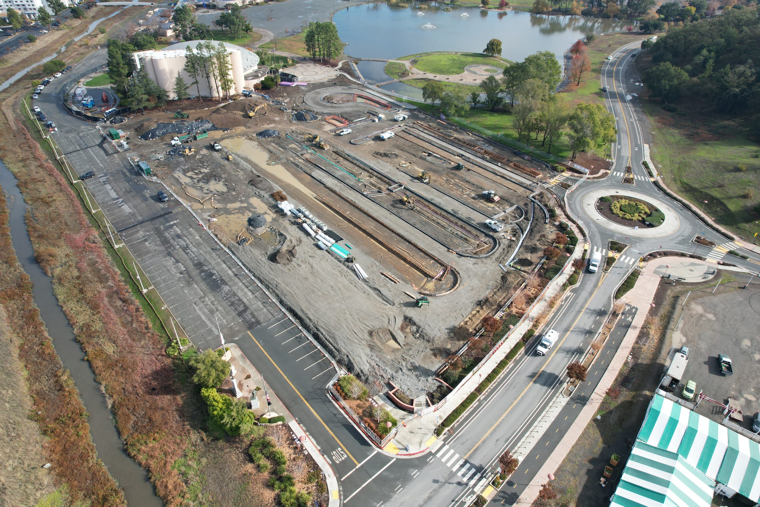 Aerial view after the demolition of concrete at the Veterans Memorial Auditorium parking lot.