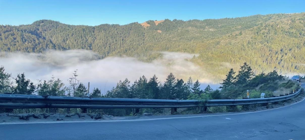 Guardrail along a roadway with a scenic mountain view in the background.