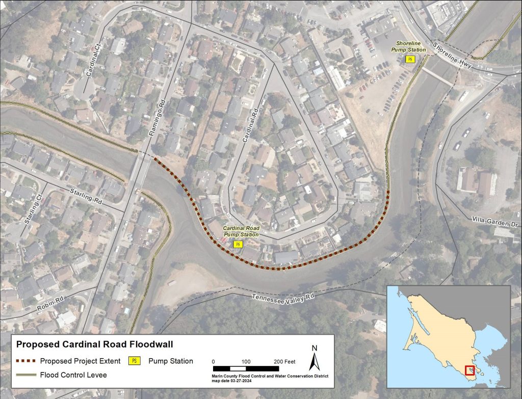 Map showing extent of levees and floodwall near Crest Marin Pump Station.