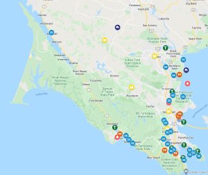 Screenshot of Googlemap with colored pins marking adaptation planning and implementation projects throughout Marin County's shoreline areas, with concentration in East Marin.