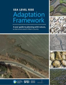 Cover from Sea Level Rise Adapttion Framework report shows images of nearshore habitat types in Marin County, including mudflats and oysters.