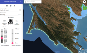 screenshot from CoSMoS sea level rise viewer web interface. Basemap of Marin County with coastline in blue is shown next to slider bards for amount of sea level rise in feet and storm frequency interval in years.