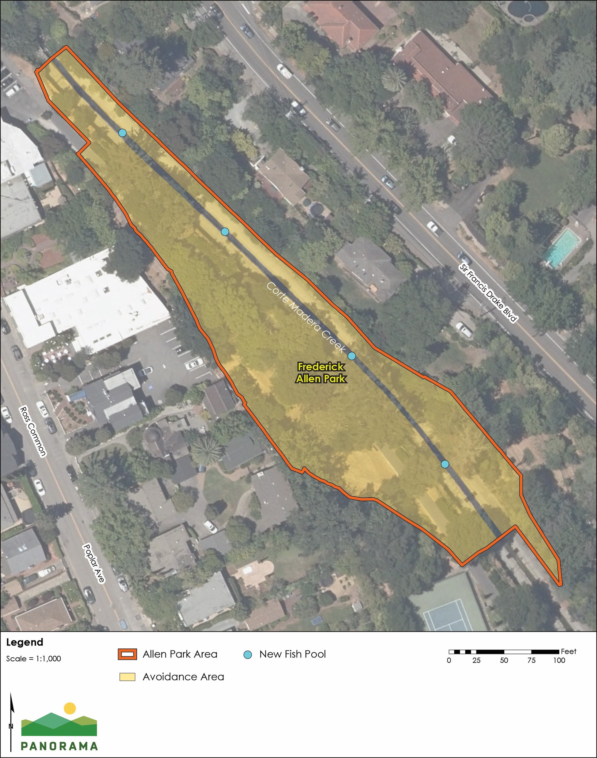 map of Alternative 1 showing a reduced footprint that avoids Frederick Allen Park