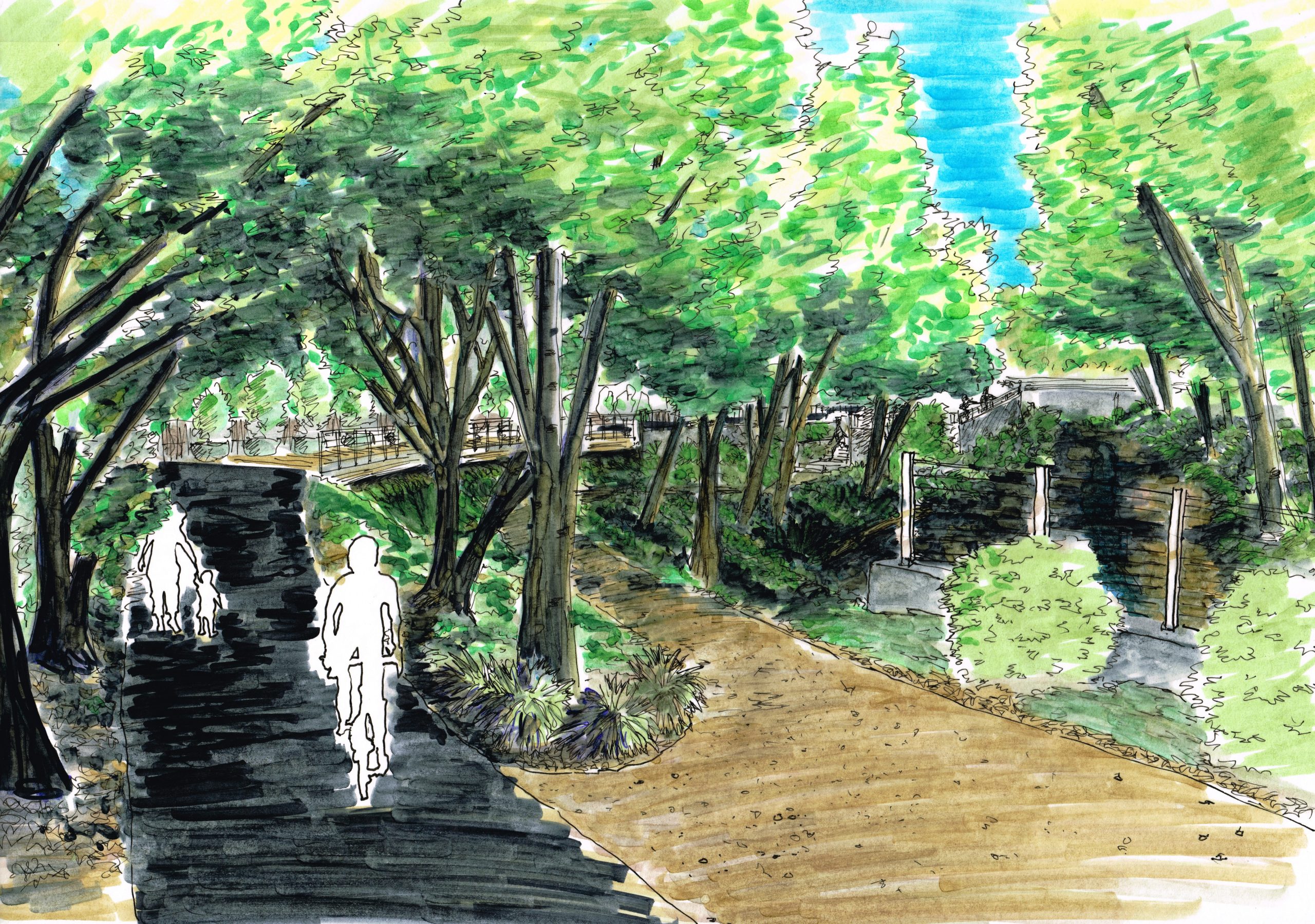 sketch of a raised boardwalk looking north from the tennis courts at Frederick Allen Park (Alternative 2)