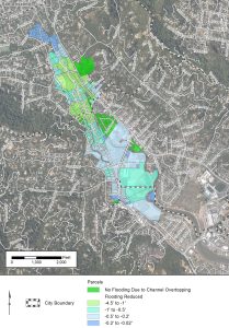 map showing reduction benefits in Ross Valley by parcel - Existing Conditions Scenario, 25-Year Flood Event