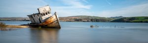 Scenic historic shipwreck sits in foreground of broad view of Tomales Bay. Calm waters, with hills in the background.