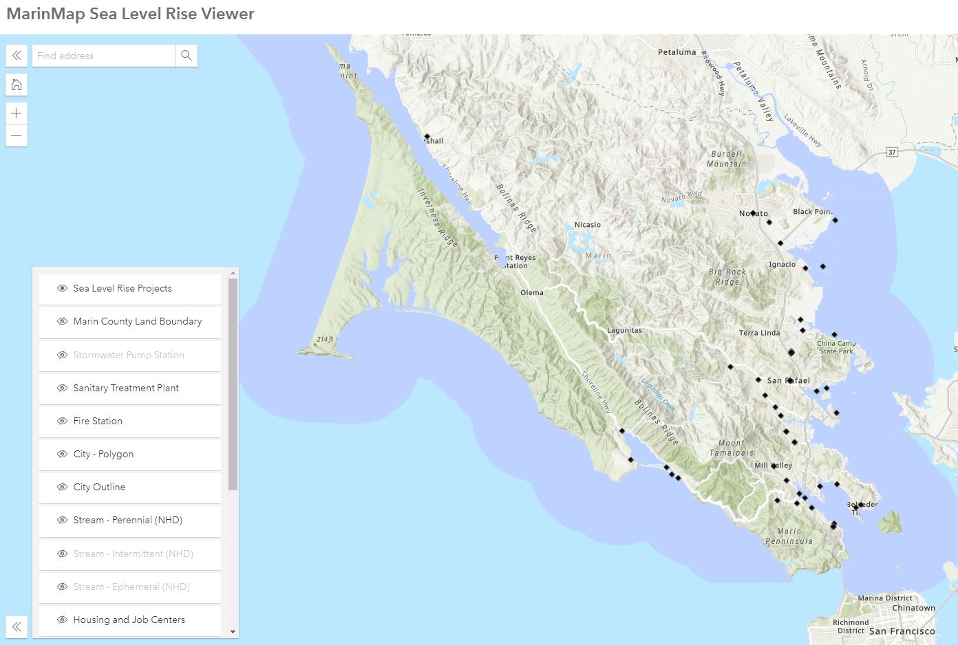 Sample screenshot of the new online Sea Level Rise Viewer app available on Marin Map