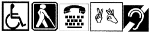 disability access symbols including international symbol of access, person walking with cane, telephone typewriter, sign language interpretation, and international symbol of access for hearing loss.