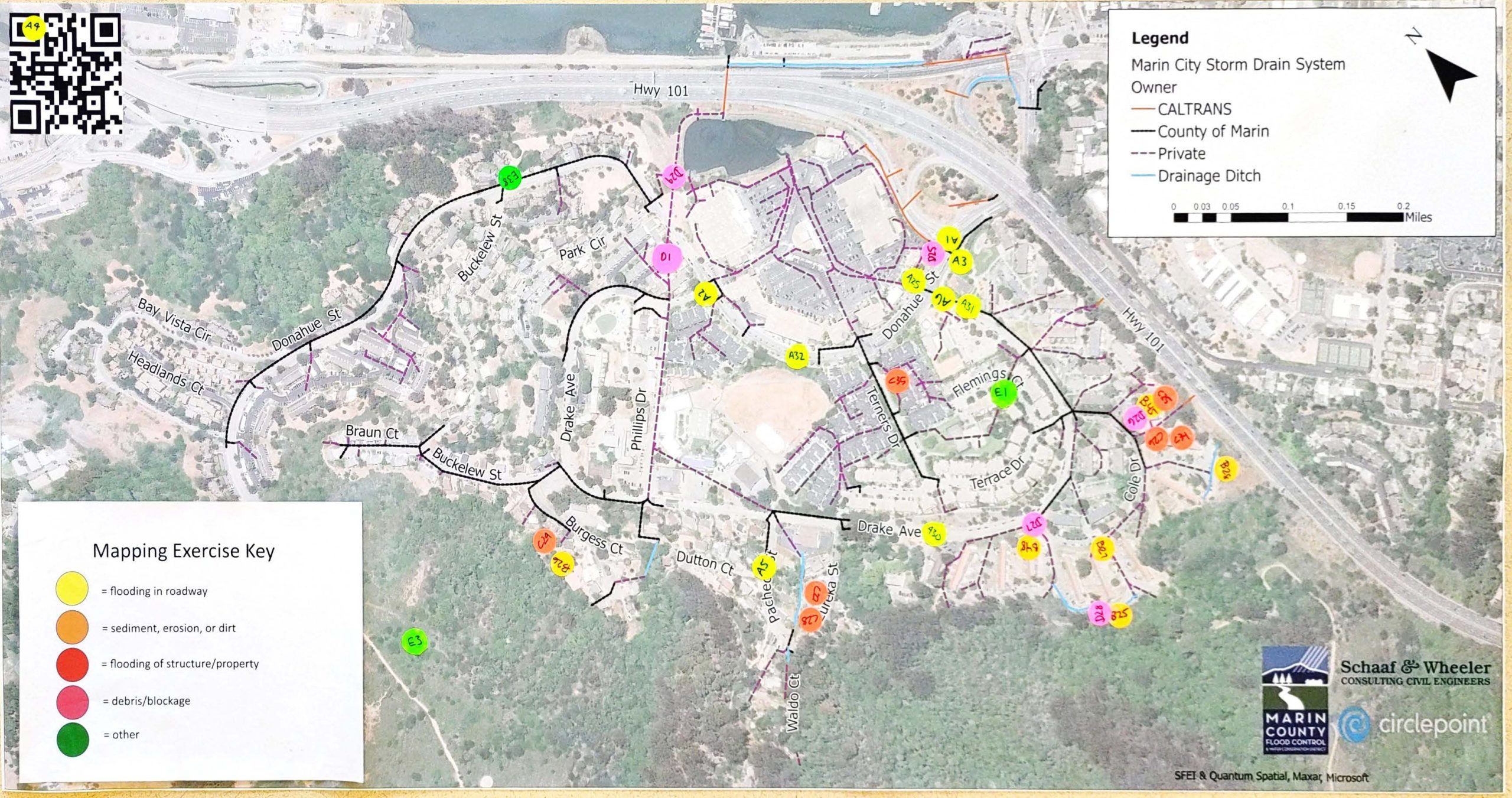 Map produced by first community meeting for Marin City Stormwater Plan.