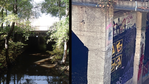 The left side of the photo shows BB2 viewed at creek level, from a distance. The right side of the photo shows a close up of the bridge support columns, with cracks in the concrete.