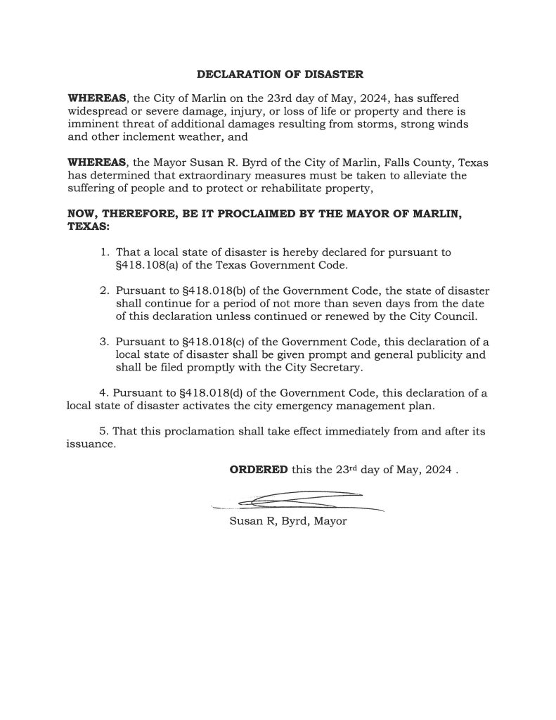 Declaration of Disaster May 23,2024 Marlin, TX