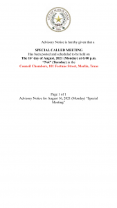 Revised Advisory Notice for Special Called Meeting 8.16.2021