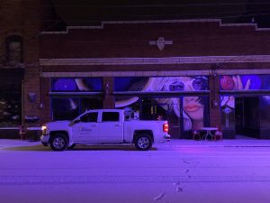 Mebane Public Works truck in downtown snow