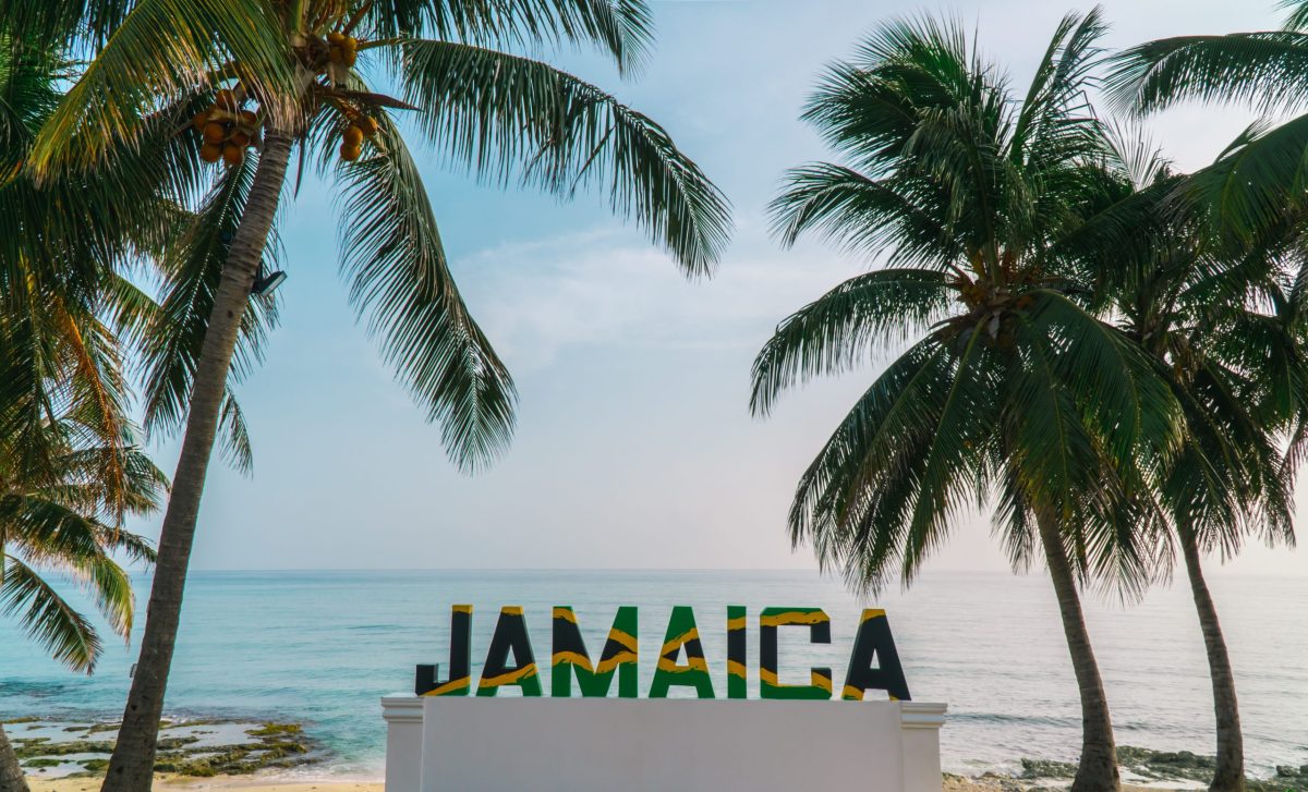 Picture of Island and palm trees with Jamaica sign