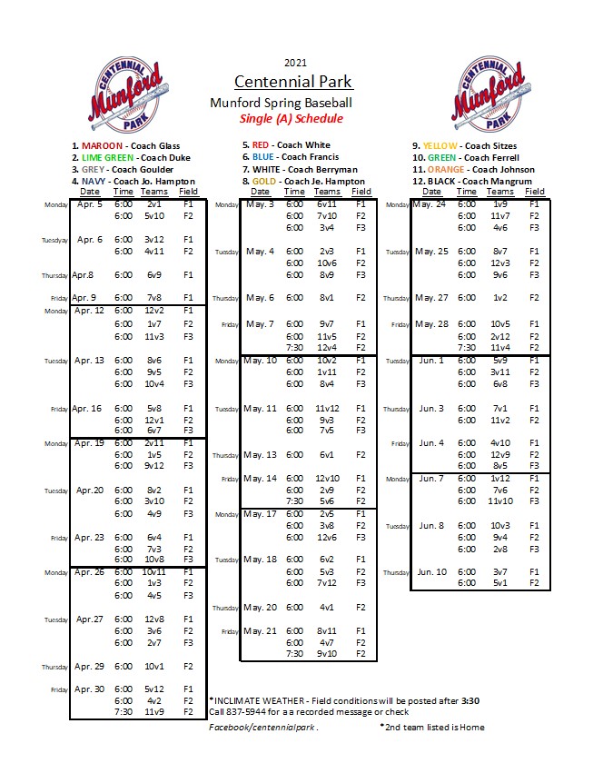 Single A Baseball Schedule Munford, TN