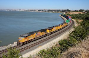 Freight train on coastline