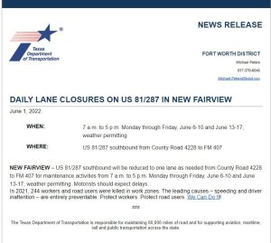 Lane Closure Notice