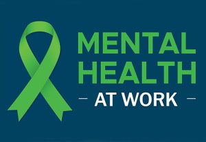 Mental Health at Work. A green ribbon is displayed on a blue background.