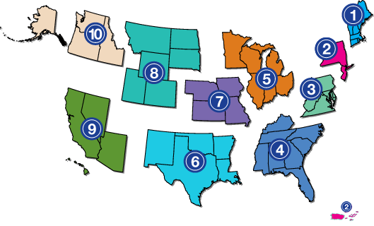 Map of the United States broken up into 10 different regions. Each region has a number representing one of the ADA Centers.