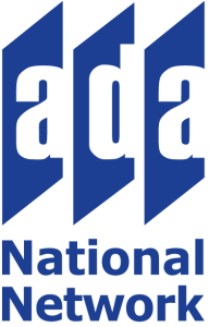 National ADA Network logo, ada is in blue vertical parallelograms