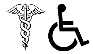 Caduceus symbol next to a disability symbol