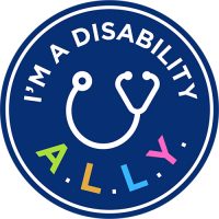 Navy Blue circle with stethoscop and the words I'm a disability ally"
