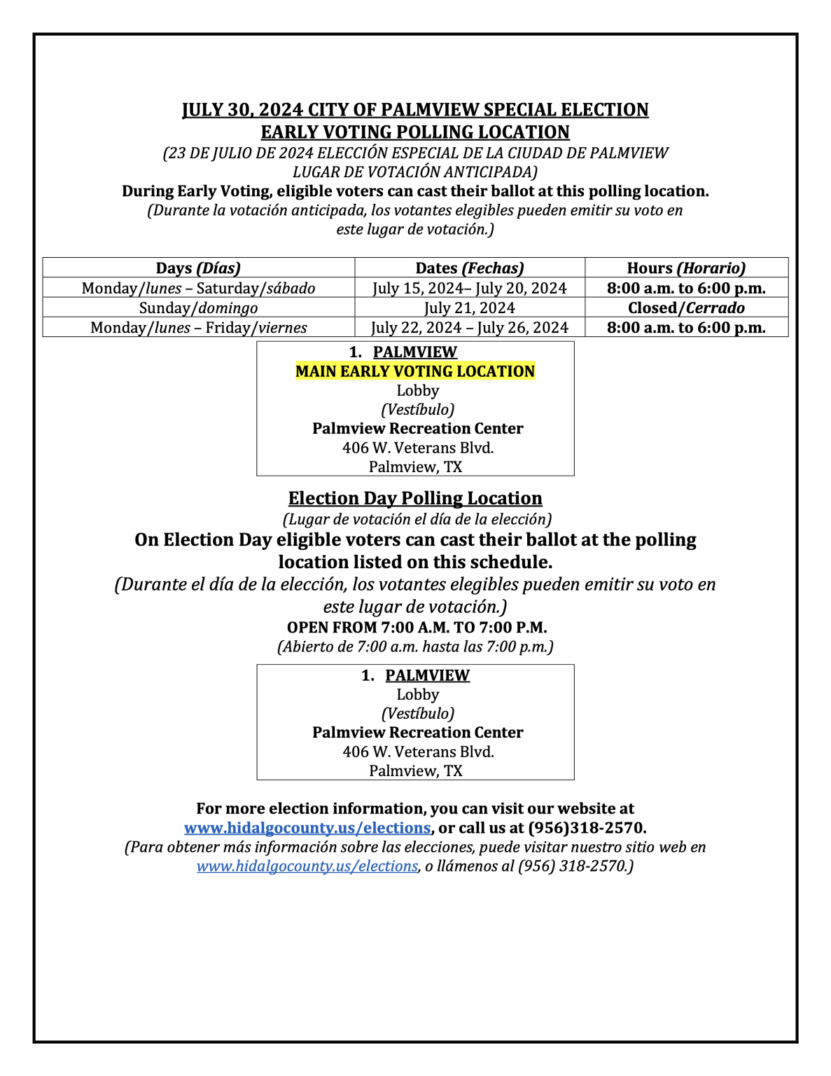 Early Voting for Special Election Begins on July 15 Palmview, TX