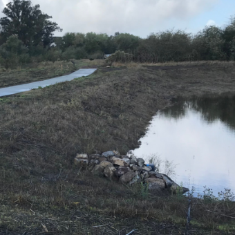 a bike and pedestrian path running along a pond