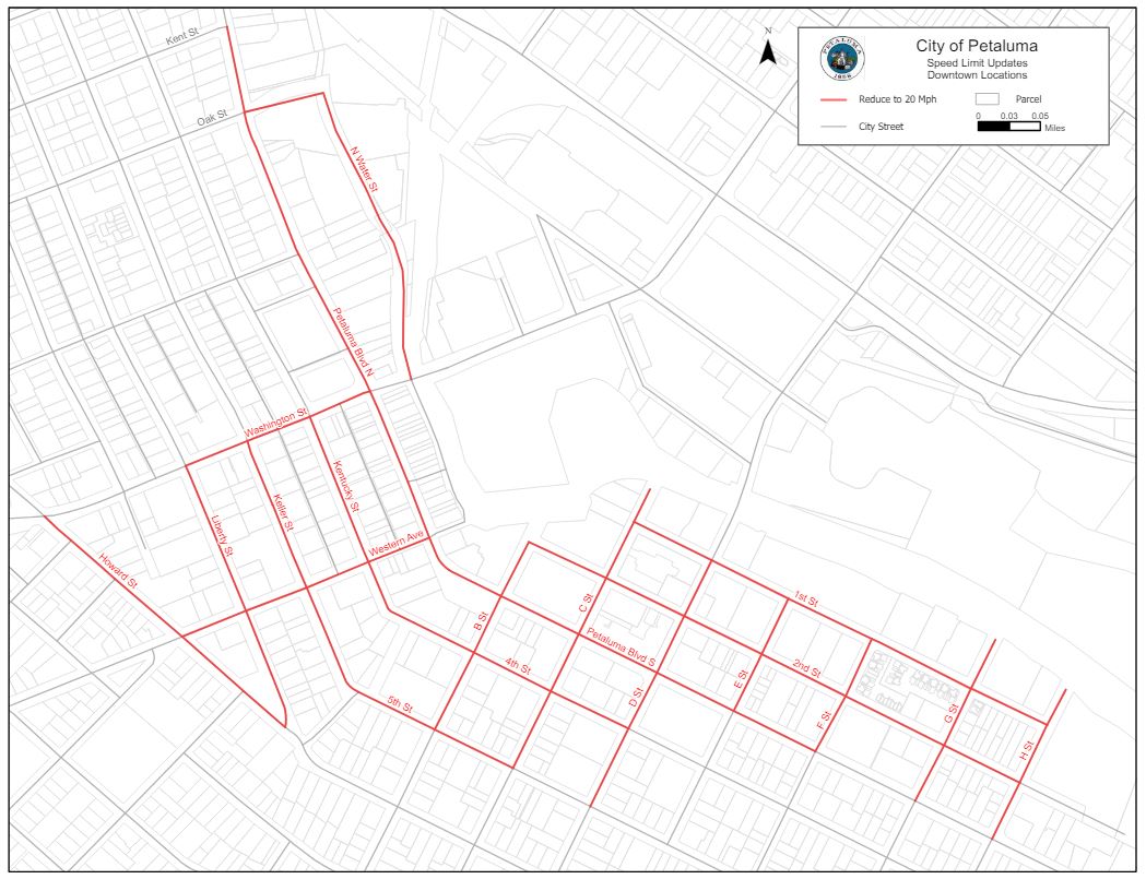 Map of new areas where the speed limit is being decreased in Petaluma's downtown