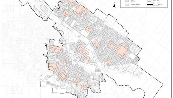 Map of new areas where the speed limit is being decreased in Petaluma School Zones