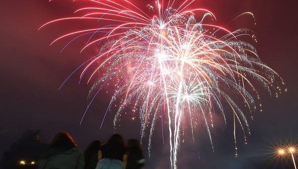 people watching fireworks in the night sky