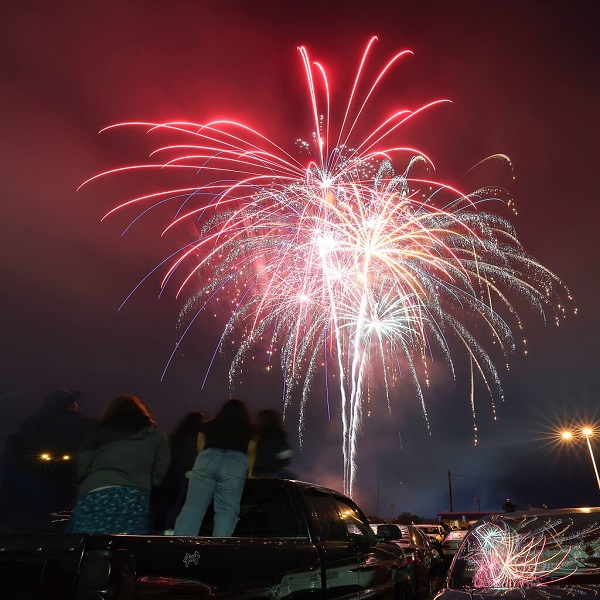 people watching fireworks in the night sky