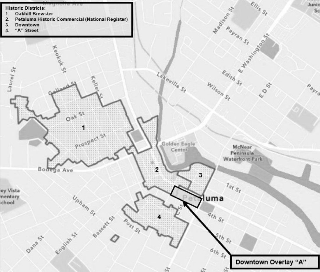 Downtown Housing & Economic Opportunity Overlay (Final Area) (Click to Enlarge) A black and white map of Petaluma outlining the City's historic districts and the two-block Overlay