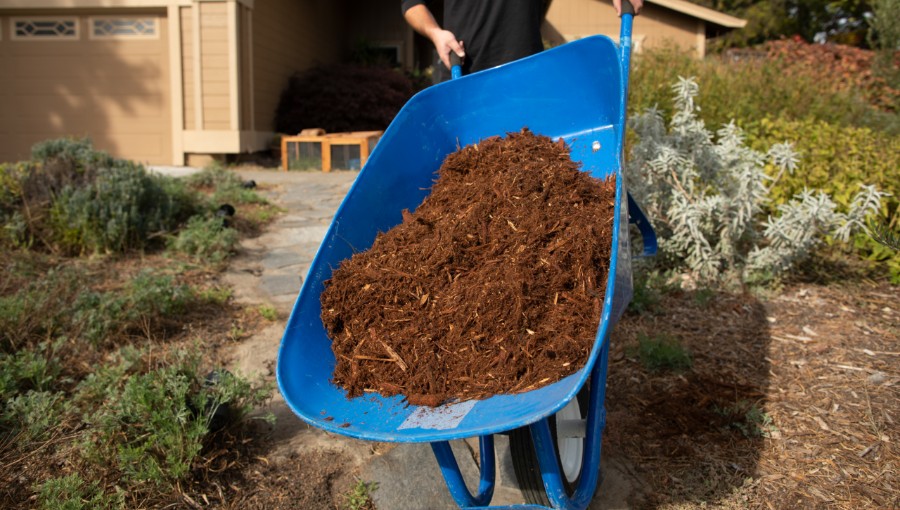 photo of wheelbarrow with mulch