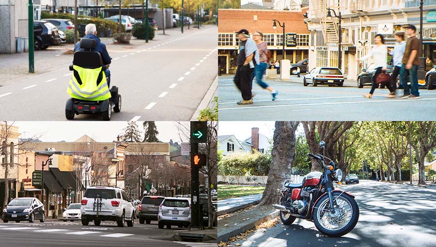 Collage of pedestrians walking, a motorcycle, cars driving