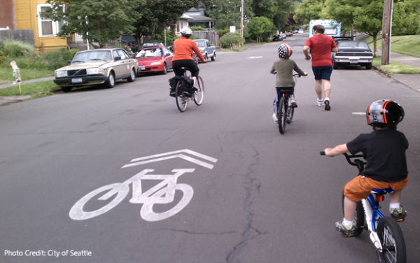 Kids riding bikes in a bike lane